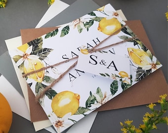 Lemon Wedding Invitation Set  - Concertina Trifold Wedding Invites With Tags, Rustic Twine & Envelopes - Destination Wedding Abroad