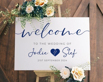 Wedding Welcome Sign in Any Colour, A1, A2 Personalised Wedding Signs, Wedding Decor, Welcome Wedding Board, Navy Heart Wedding Sign
