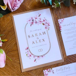 Cherry Blossom Wedding Invitation Set With Envelopes - Gold - Finer Details, Menu Choices, RSVP + Menu - A5 Wedding Invites