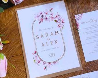 Cherry Blossom Wedding Invitation Set With Envelopes - Gold - Finer Details, Menu Choices, RSVP + Menu - A5 Wedding Invites