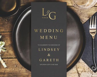 Monogram Gold Wedding Menus Personalised - Minimalist Charcoal DL Size Menus for the Venue - Wedding Table Decorations