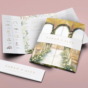 Op de afbeelding: Trouwuitnodigingsset met een aquarelillustratie van een ceremonie. De uitnodiging bevat de namen "Sarah & Alex" en de datum "20.06.2026". De set bevat een volgorde van evenementen en andere details, met een zachte, romantische esthetiek.