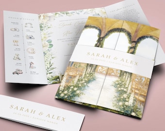Watercolour Wedding Invitation Set | YOUR IMAGE transformed to Watercolour | White Floral Personalised Gatefold Design