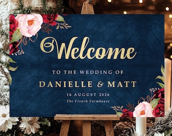 Navy Burgundy Wedding Welcome Sign in Any Colour, A0, A1, A2, A3 Personalised Wedding Signs, Wedding Decor, Welcome Wedding Board