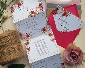 Fuchsia Wedding Invites, Floral Concertina Trifold Wedding Invitation Set Or Reception Invites With Envelopes,