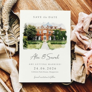 venue illustration wedding save the date cards, venue painting watercolour save the date or save the evening, venue sketch drawing
