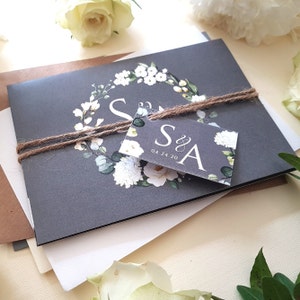 Grey White Floral Wedding Invitation Set With Tags, Rustic Twine & Envelopes, Concertina Trifold Luxury Wedding Invites