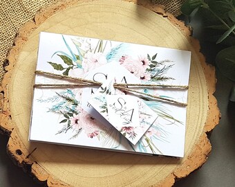 Wedding Invitation Set With Choice of Envelopes Featuring Floral Blush Pink, Blue & White - Concertina Invite with Tags and Rustic Twine
