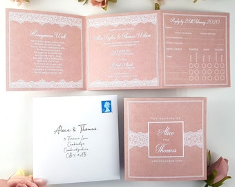 Blush Lace Luxury Wedding Invitation With Envelopes,  Trifold Wedding Invitation  or Reception Invites WIth Menu Options & Guest Info