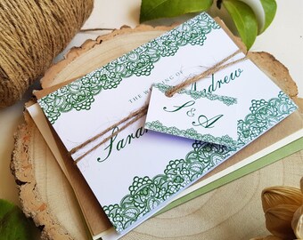 Green Lace wedding Invites ANY COLOUR With Personalised Tag, Rustic Twine & Choice of Envelopes - Personalised Luxury Wedding Invites