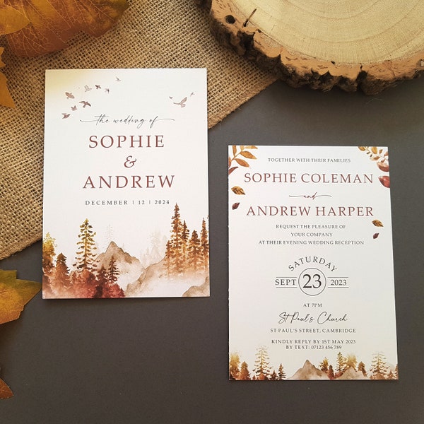 Autumn Fall Wedding Invitation Set or Evening Invitation, Reception Invites Including Envelopes, A6 Flat Card Wedding Invites