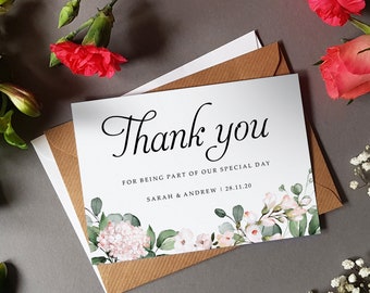 Blush Floral Wedding Thank You Cards With Envelopes - Any Thank You Message or Weddng Favour Message