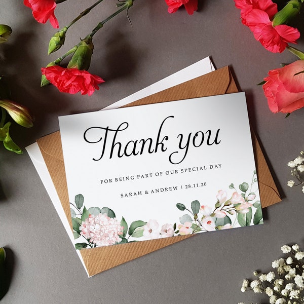 Blush Floral Wedding Thank You Cards With Envelopes - Any Thank You Message or Weddng Favour Message