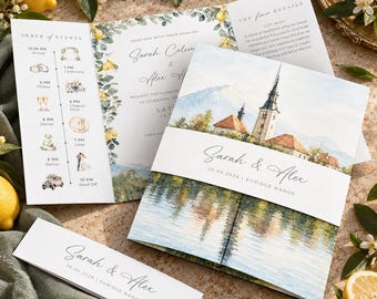 Watercolour Wedding Invitation Set | YOUR IMAGE transformed to Watercolour | Mediterranean Lemons Gatefold with Bellyband