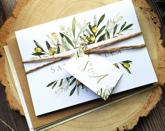 Olives Wedding Invitation Set - Concertina Trifold Wedding Invites With Tags, Rustic Twine & Envelopes - Destination Wedding Abroad