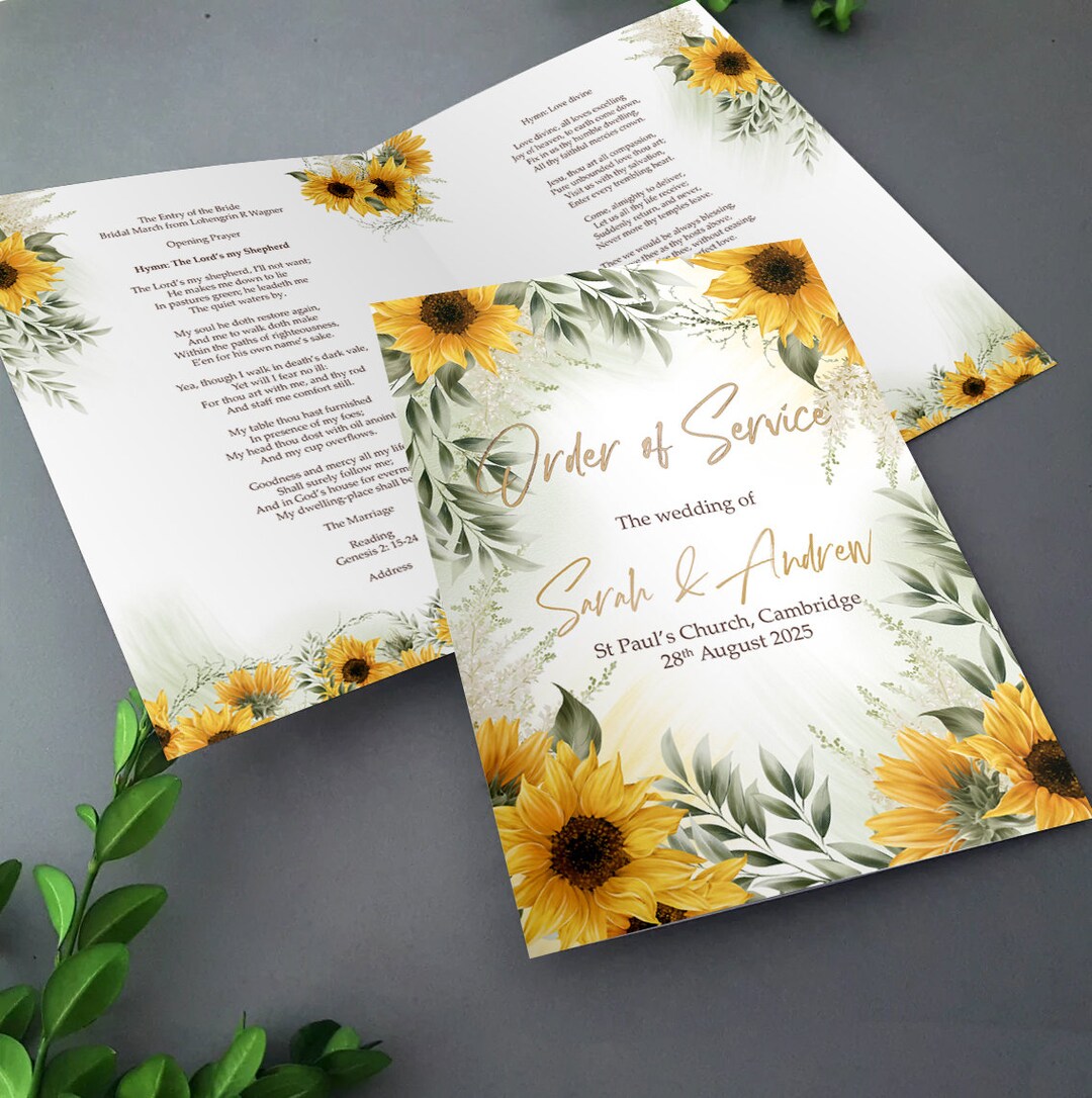 Sunflowers Order of Service for Weddings Order of the Day A4 Folded to