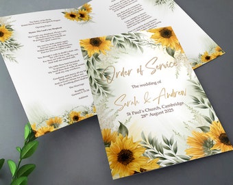 Sunflowers Order of Service for Weddings | Order of the Day | A4 folded to A5 Wedding Programmes - Destination Italy, Greece