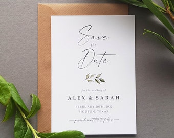 Greenery Save the Date Cards or Save the Evening with Envelopes - Leafy Save the Dates Wedding Announcement