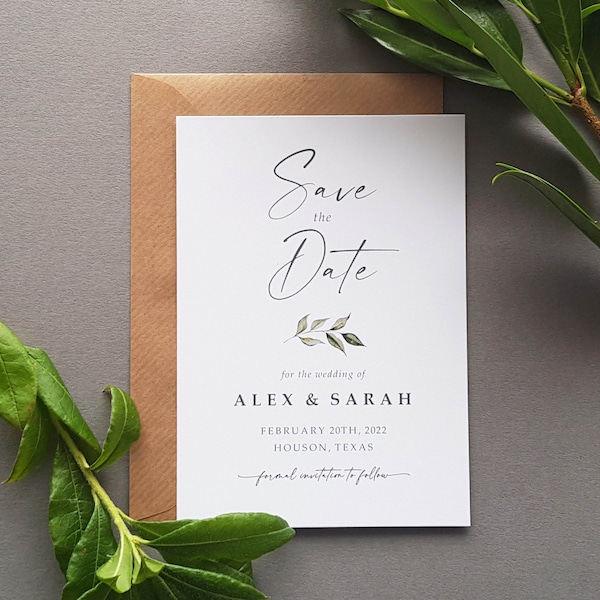 Greenery Save the Date Cards or Save the Evening with Envelopes - Leafy Save the Dates Wedding Announcement