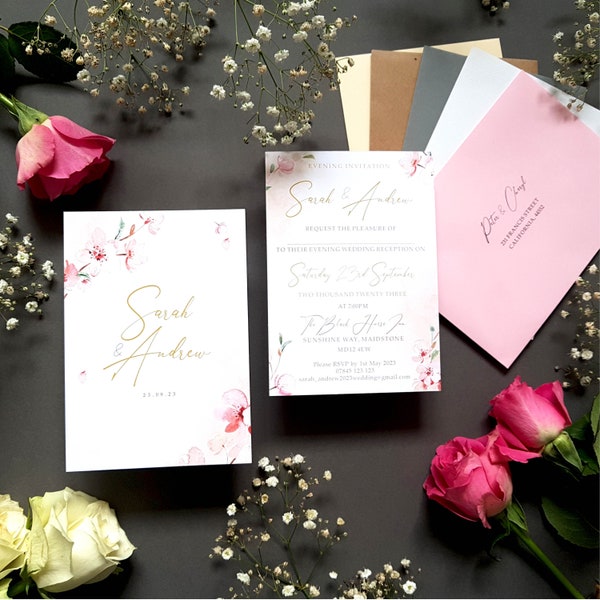 Cherry Blossom Wedding Invitation Set or Evening Invitation, Reception Invites Including Envelopes, A6 Flat Card Wedding Invites