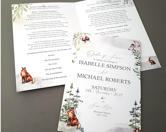 Winter Order of Service for Weddings | Order of the Day | A4 folded to A5 Wedding Programmes or booklets