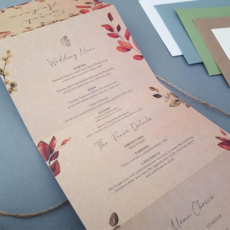 Rustic Autumn Fall Wedding Invitation Set , Eucalyptus Concertina Trifold Luxury Wedding Invites With Personalised Tag, Twine & Envelopes image 9