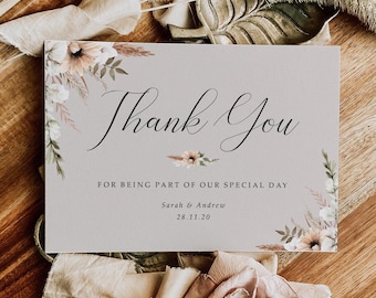 Boho Wedding Thank You Cards With Envelopes - Any Thank You Message or Wedding Favour Message