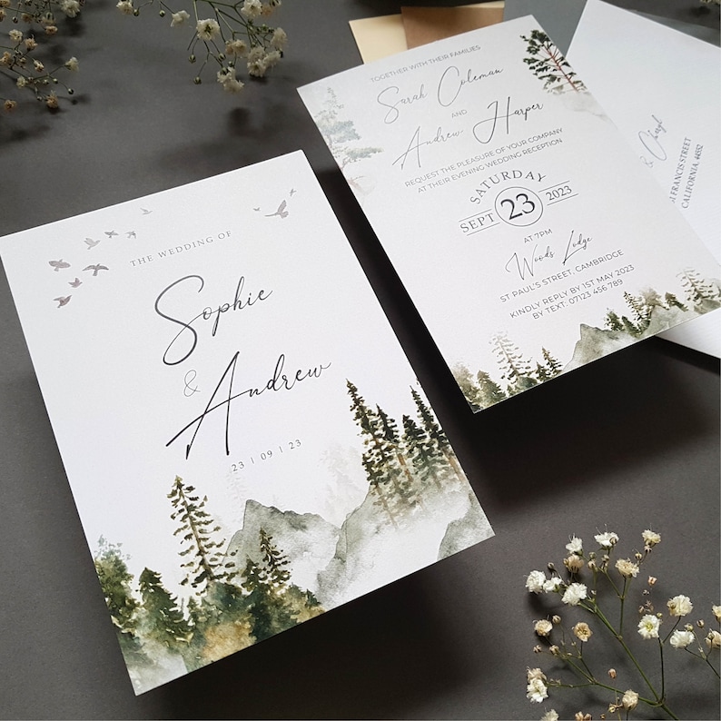 Wedding Invitation Woodland Forest With Pine Trees & Mountains Concertina Trifold Wedding Invite With Tags, Rustic Twine and Envelopes image 7