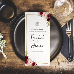 Hochzeitsmenüs Burgundy Floral & Gold - DL Größe - Personalisierte Hochzeitsmenüs für den Veranstaltungsort - Hochzeitstischdekoration
