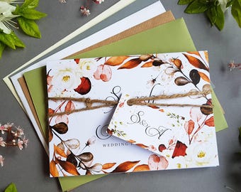 Autumn Fall Wedding Invitation Set  With Envelopes, Floral Eucalyptus Concertina Trifold Luxury Wedding Invites With Tag & Rustic Twine