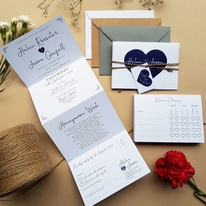 Heart Wedding Invitation Set In Any Colour - Concertina Trifold Wedding Invites With Tags, Twine & Envelopes