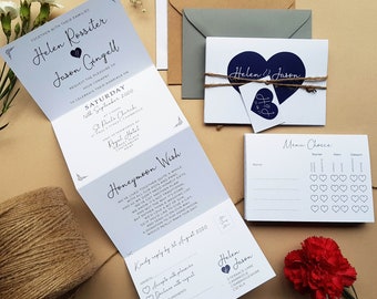 Heart Wedding Invitation Set In Any Colour - Concertina Trifold Wedding Invites With Tags, Twine & Envelopes