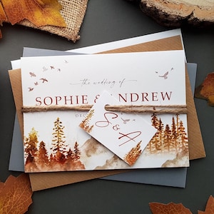 Autumn Fall Wedding Invitation Set, Misty Forest Woodland & Mountains Concertina Wedding Invites With Personalised Tag, Twine and Envelopes