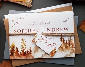 Autumn Fall Wedding Invitation Set, Misty Forest Woodland & Mountains Concertina Wedding Invites With Personalised Tag, Twine and Envelopes