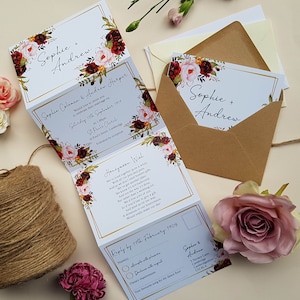 Burgundy Wedding Invitation Set - Floral Concertina Trifold Wedding Invites Or Reception Invites With Envelopes,