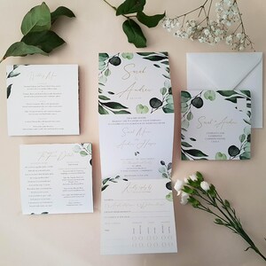 Set di inviti per matrimonio botanici - Inviti per matrimonio di lusso a tre ante - Inviti per matrimonio di lusso Eucalyptus Greenery piegati a tre ante