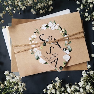 Rustikales Hochzeitseinladungs-Set weiss geblüm mit Umschlägen, personalisierte Hochzeitseinladungen oder personalisierte Abendempfang lädt ein
