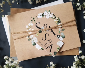 Rustic Wedding Invitation Set  - white floral including Envelopes, personalised Wedding Invites or personalized evening reception invites