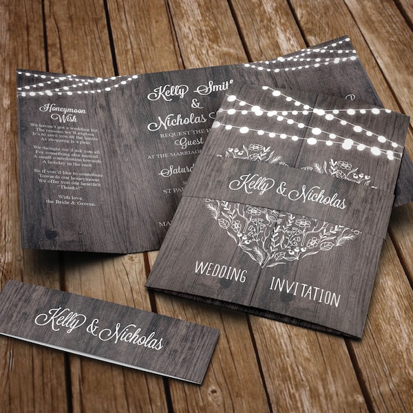 Rustic Barn Wedding Invitation Set  With Envelopes + Bellyband - Gatefold Wedding Invites - Luxury Wedding Invites - Any Colour