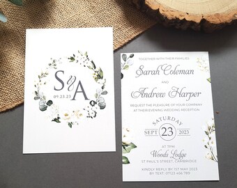 White Floral Wedding Invitation Set or Evening Invitation, Reception Invites Including Envelopes, A6 Flat Card Wedding Invites