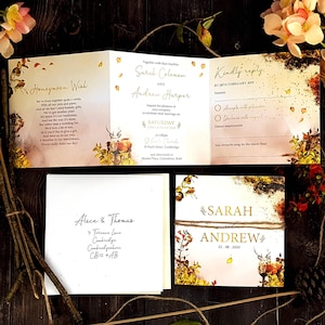 Autumn Fall Wedding Invitation Set With Envelopes & Rustic Twine, Trifold Wedding Invites, Rustic Woodland Forest Folded Wedding Invites