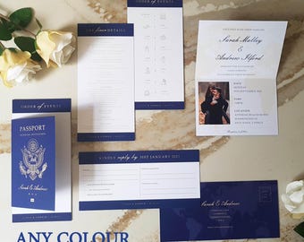 Passport Wedding Invitation Set USA In Any Colour - Boarding Pass RSVP For Destination Wedding - Passport with 2 DL Inserts & Envelopes