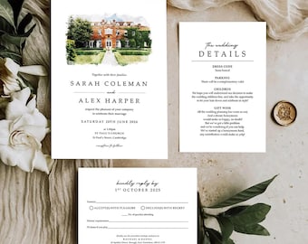 Venue wedding invitations with envelopes, Watercolour Wedding Venue, Sketch Illustration Painting Drawing Wedding Invites Set