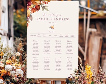 Autumn Wedding Seating Chart, A0, A1, A2, A3 Personalised Burgundy Wedding Table Plan, Wedding Decor, Wedding Gift, Table Planner,