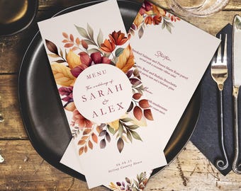 Autumn Menus - DL Size Menus - Personalised Wedding Menus for the venue - Burgundy & Orange - Wedding Table Decorations - Wedding Decor