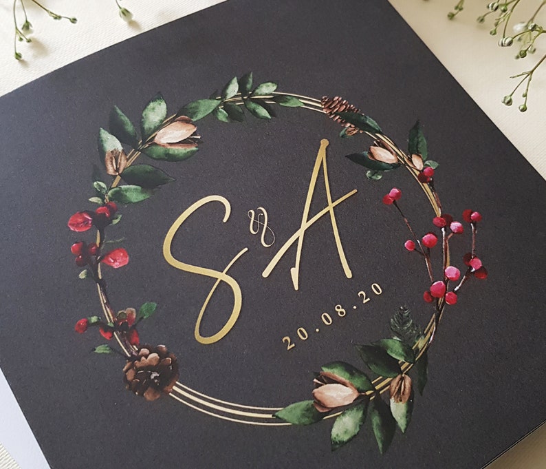 Winter Wedding Invitation Set with Choice of Envelopes Trifold Luxury Wedding Invites Christmas Wedding with Holly and Berries 画像 6