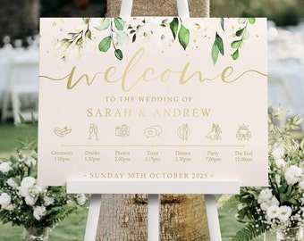 White Floral Gold Order of the Day Wedding Welcome Sign in Any Colour, A1, A2 Personalised Wedding Signs, Welcome Wedding Board