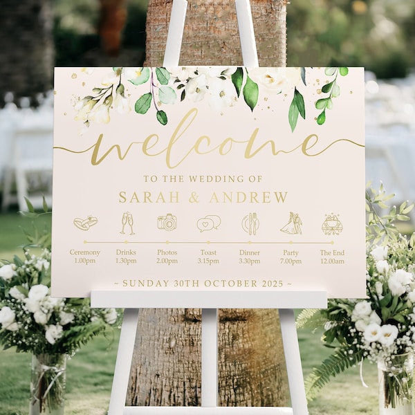 White Floral Gold Order of the Day Wedding Welcome Sign in Any Colour, A1, A2 Personalised Wedding Signs, Welcome Wedding Board