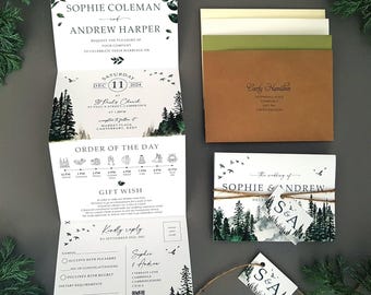 Forest Wedding Invitations – Woodland Mountain Concertina Invite Set with Rustic Twine & Tags, Customisable Rustic Outdoor Invites