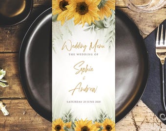 Sunflower Wedding Menus - DL Size - Wedding Table Decorations - Wedding Decor - Personalised Menus for the venue -